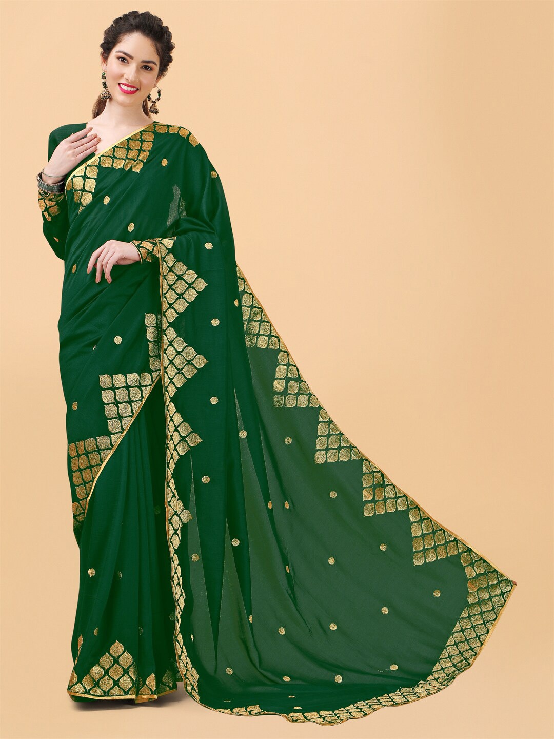 

Sangria Olive Green & Gold-Toned Embroidered Silk Blend Saree