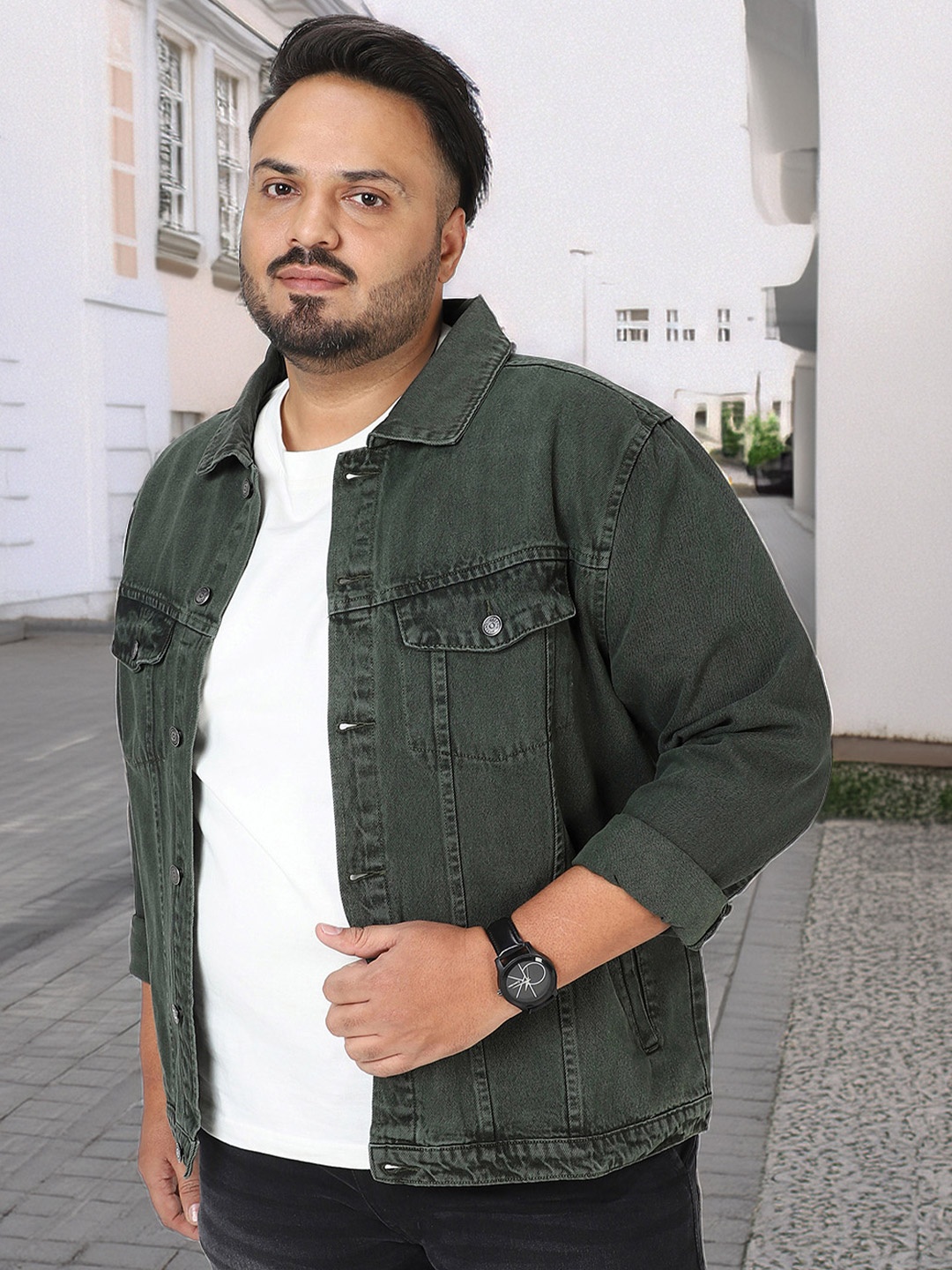 

Urbano Plus Plus Size Men Regular Fit Washed Full Sleeve Denim Jacket, Olive