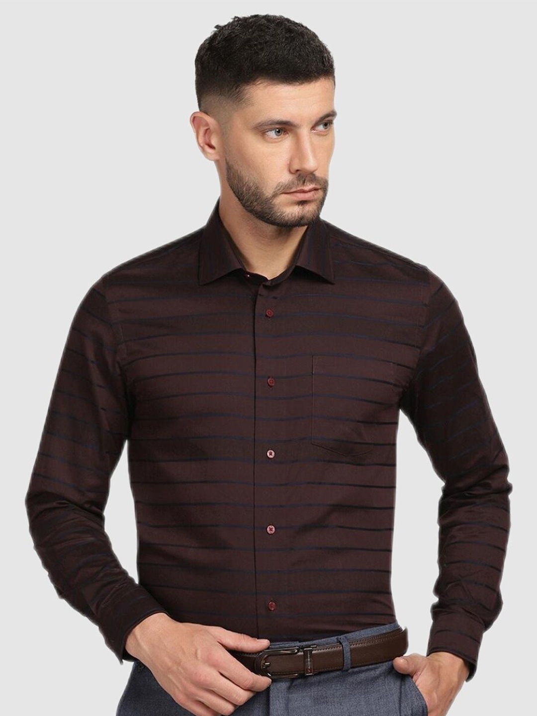 

Blackberrys Men Red Slim Fit Horizontal Stripes Striped Cotton Formal Shirt