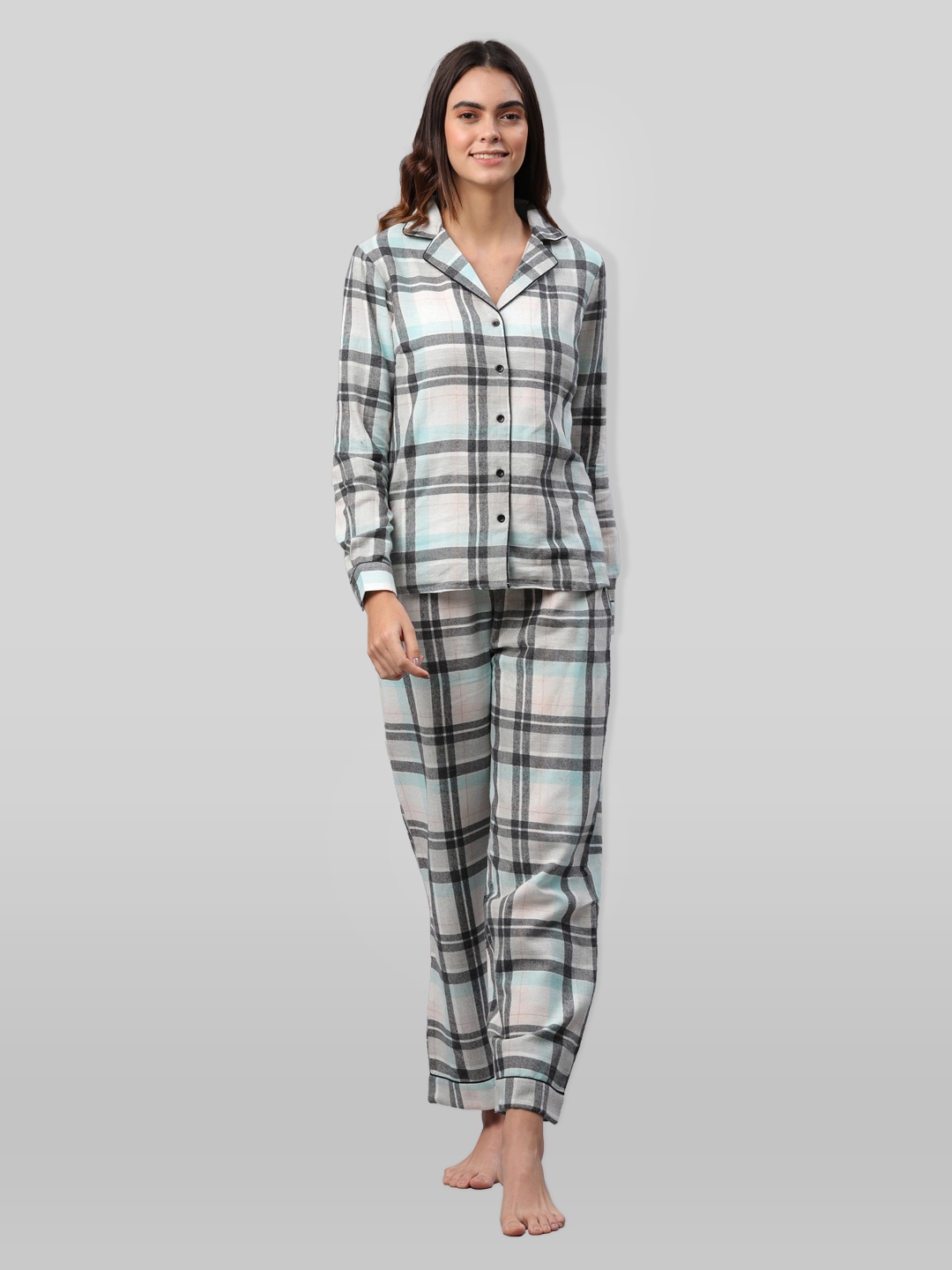 

PRETTY LOVING THING Women White & Grey Checked Night suit