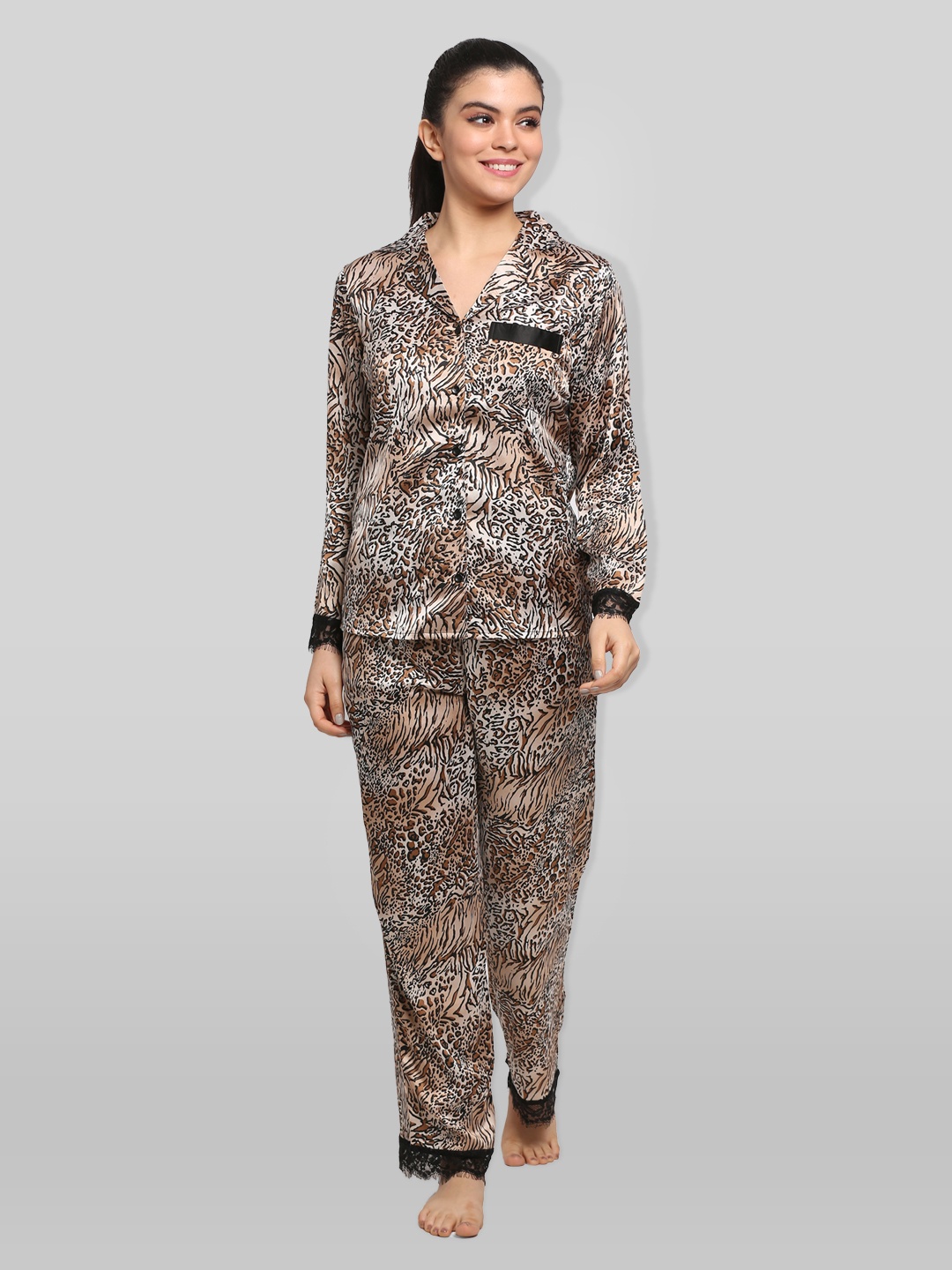 

PRETTY LOVING THING Women Grey & Black Animal Print Night suit