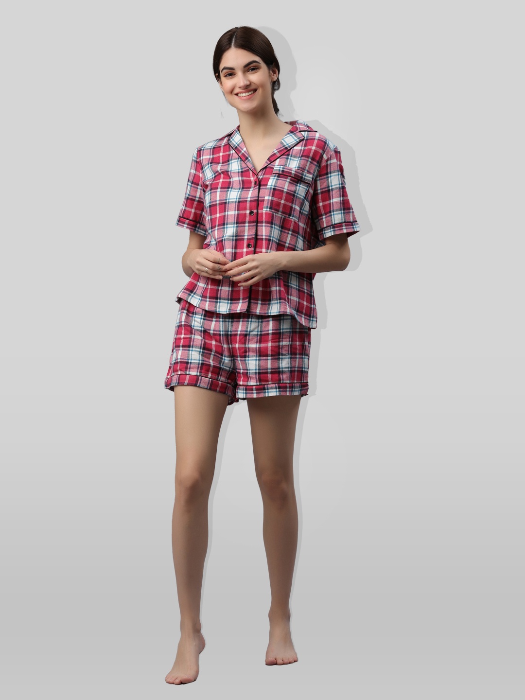 

PRETTY LOVING THING Women Red & White Checked Pure Cotton Night suit