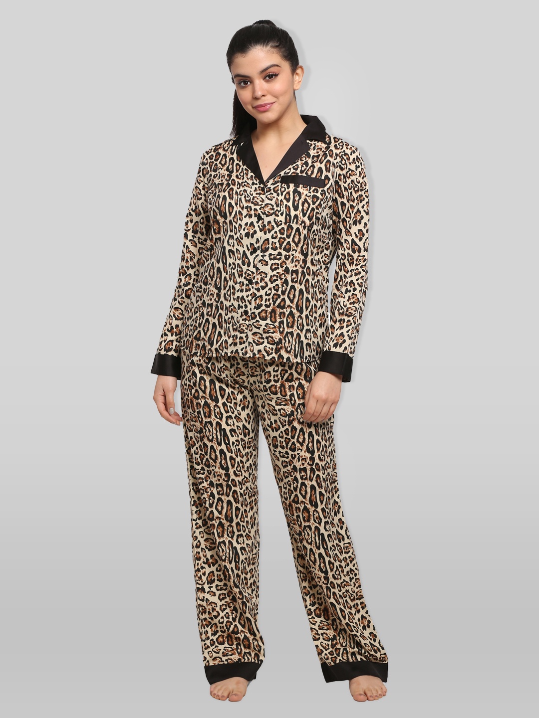 

PRETTY LOVING THING Women Black & Brown Printed Night suit
