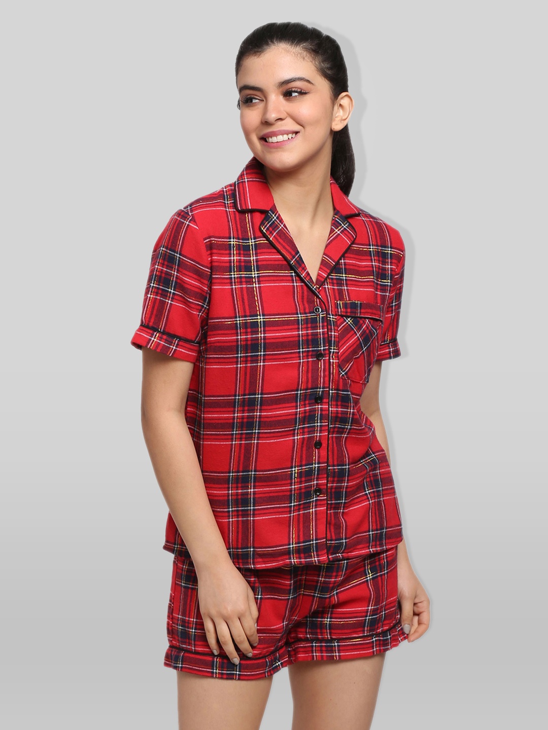 

PRETTY LOVING THING Women Red & Navy Blue Checked Cotton Night suit