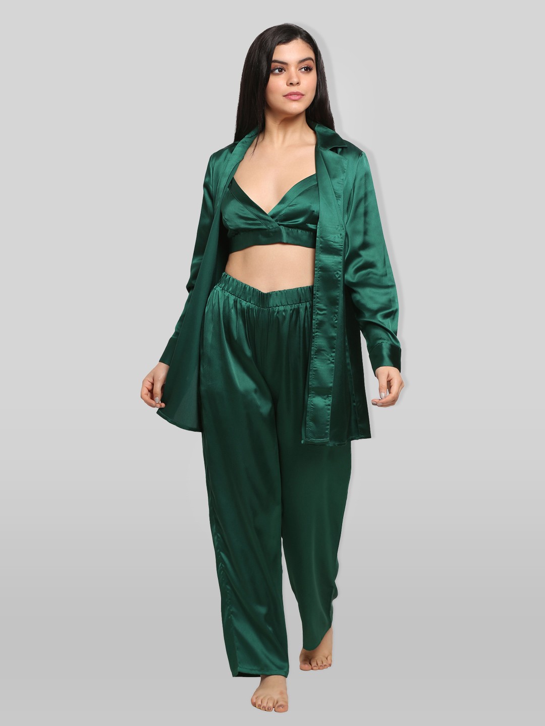 

PRETTY LOVING THING Women Green Solid Long Sleeves Night suit