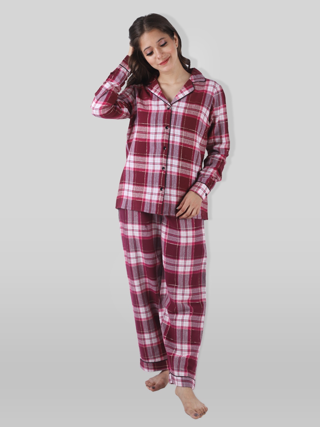 

PRETTY LOVING THING Women Maroon & White Checked Night suit