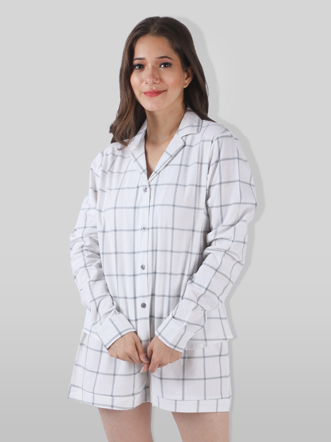

PRETTY LOVING THING Women White & Grey Checked Pure Cotton Night suit