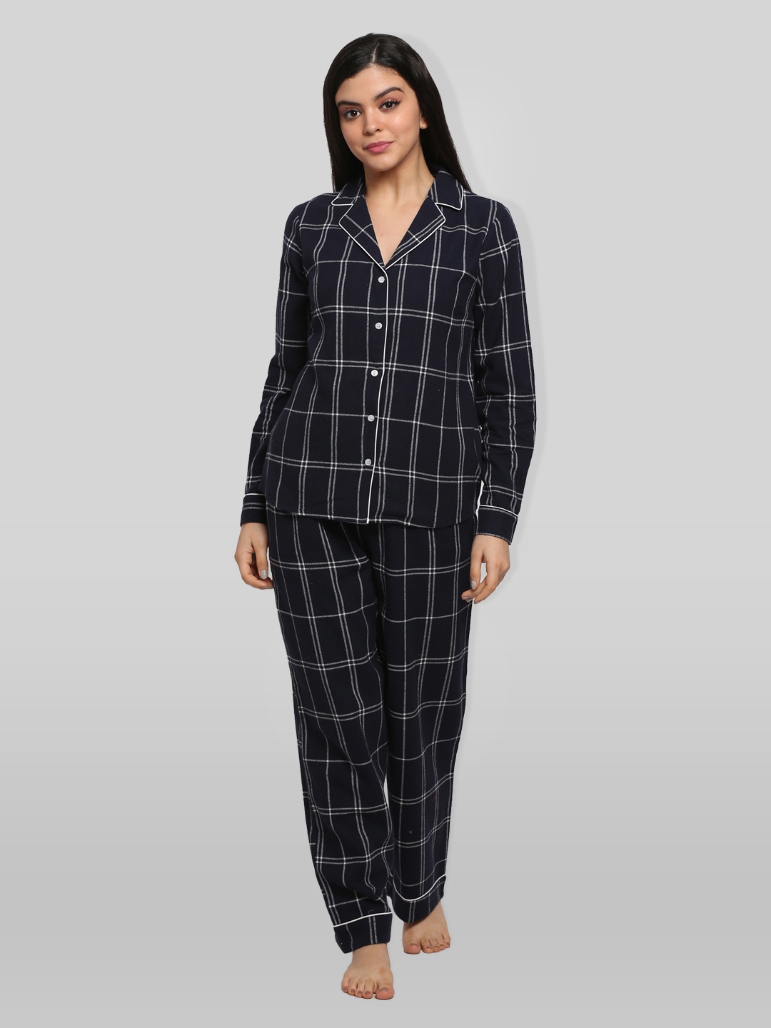 

PRETTY LOVING THING Women Blue & White Checked Pure Cotton Night suit