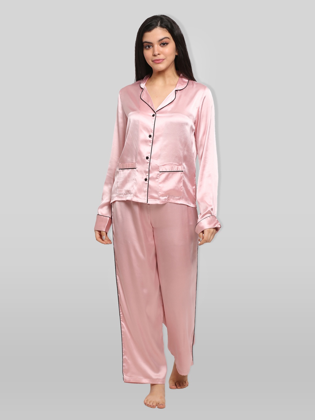 

PRETTY LOVING THING Women Pink And Black Lapel Collar Long Sleeves Satin Night suit