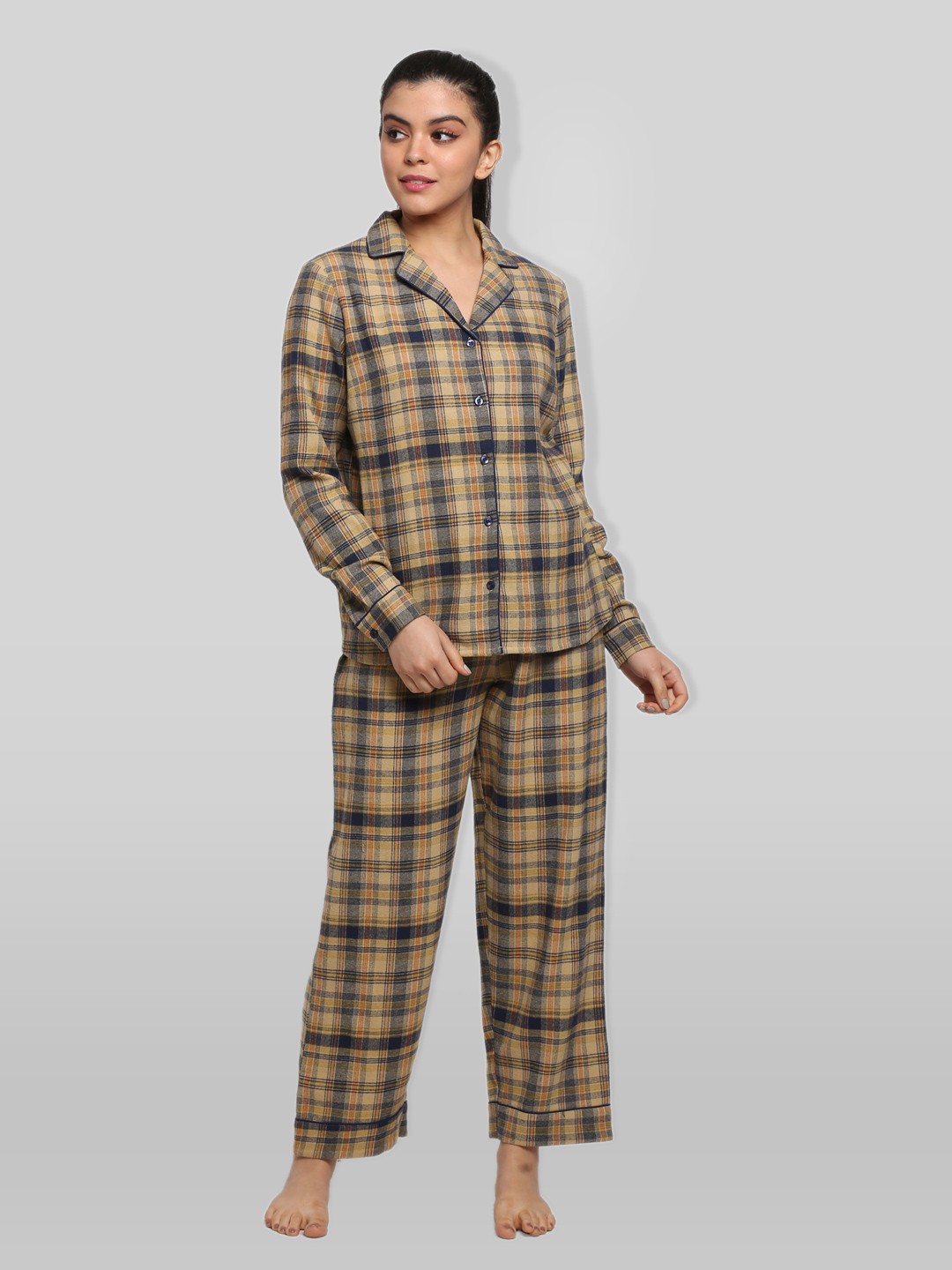 

PRETTY LOVING THING Women Brown & Navy Blue Checked Night suit