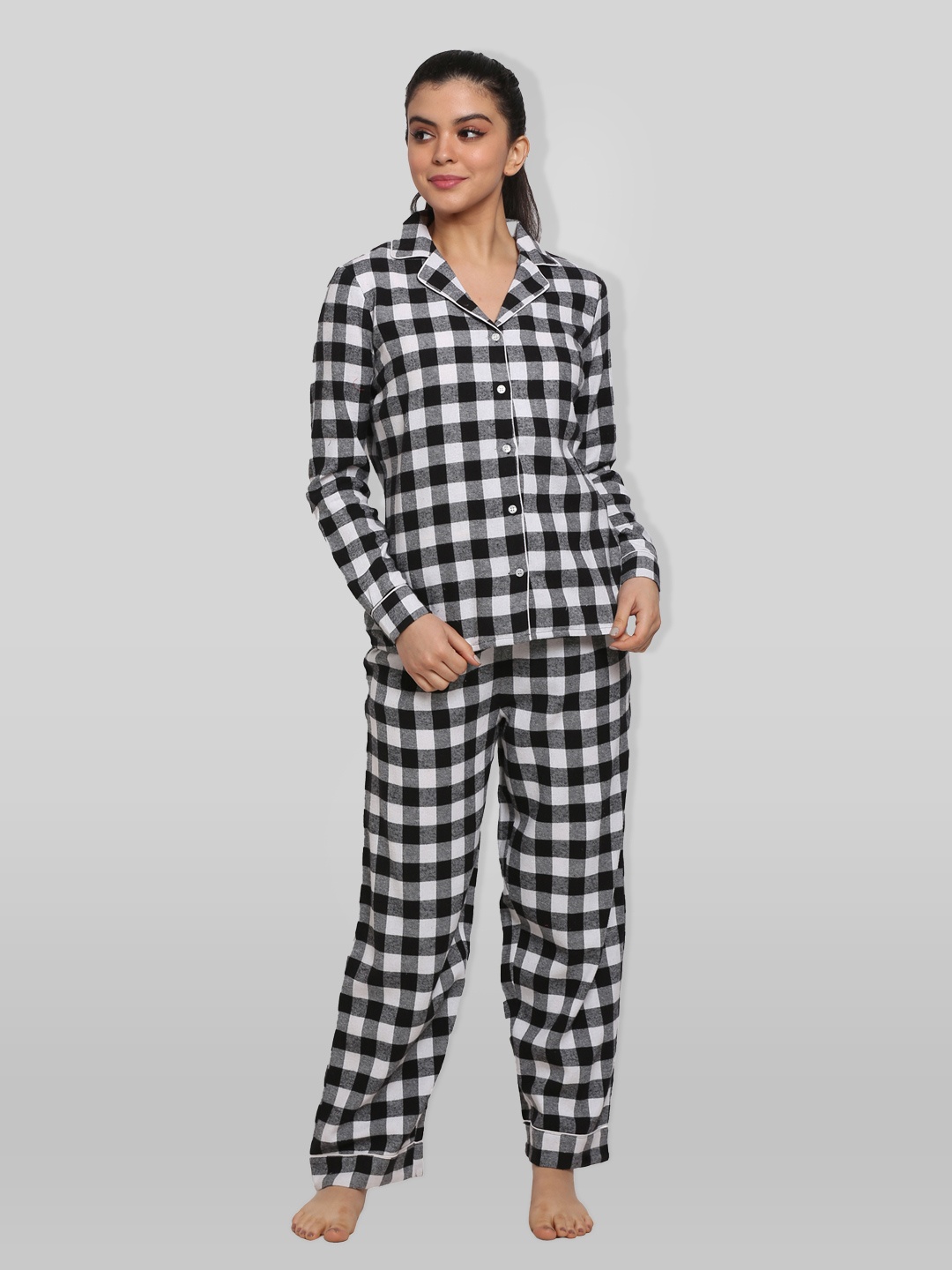 

PRETTY LOVING THING Women Black & White Checked Night suit