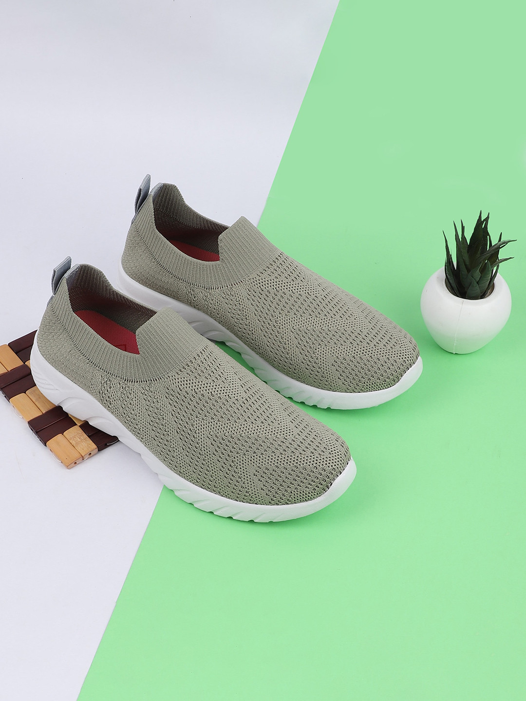 

TPENT Women Green Woven Design Slip-On Sneakers