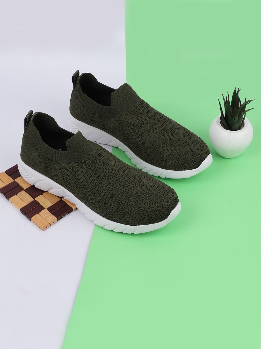 

TPENT Women Olive Green Woven Design Slip-On Sneakers