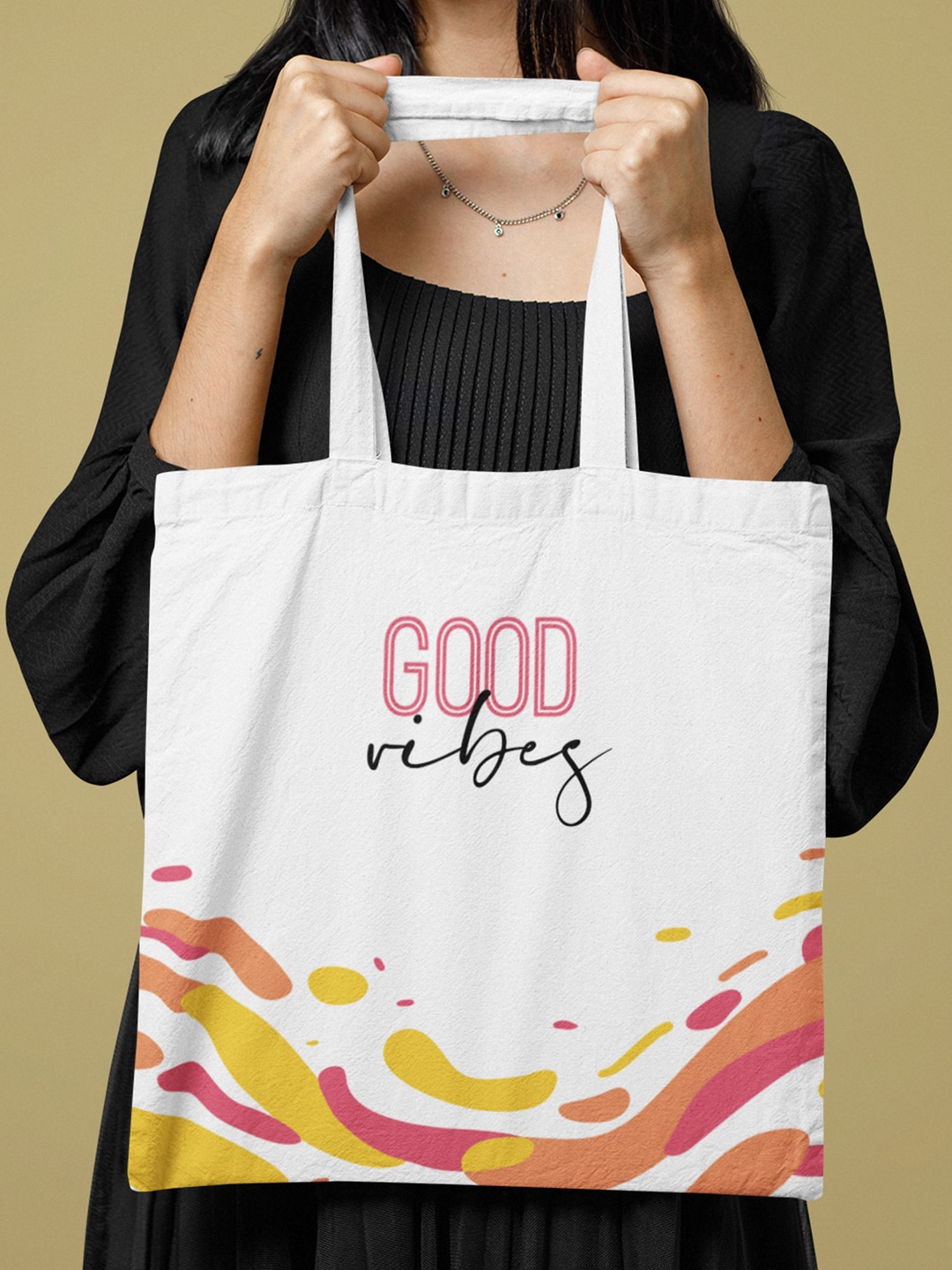 

Doodle Unisex Printed Good Vibes Waves Structured Tote Bag, White