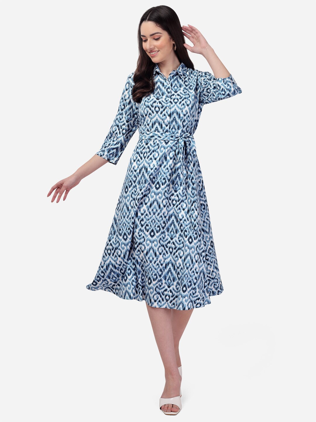 

Fbella Women Blue & White Crepe Shirt Midi Dress