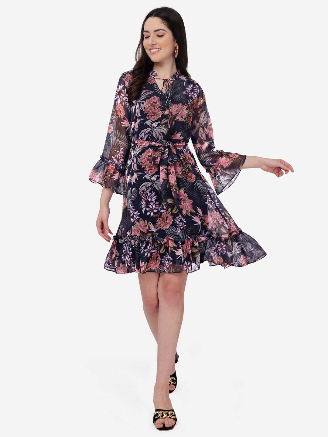 

Fbella Women Black Floral Tie-Up Neck Chiffon A-Line Dress