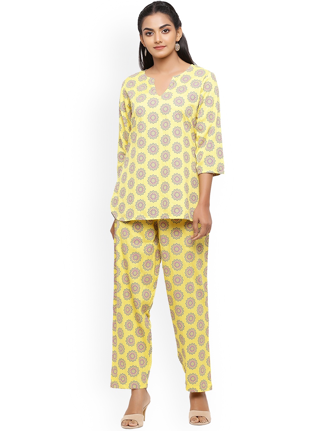 

mirari Women Yellow & Grey Printed Pure Cotton Night suit
