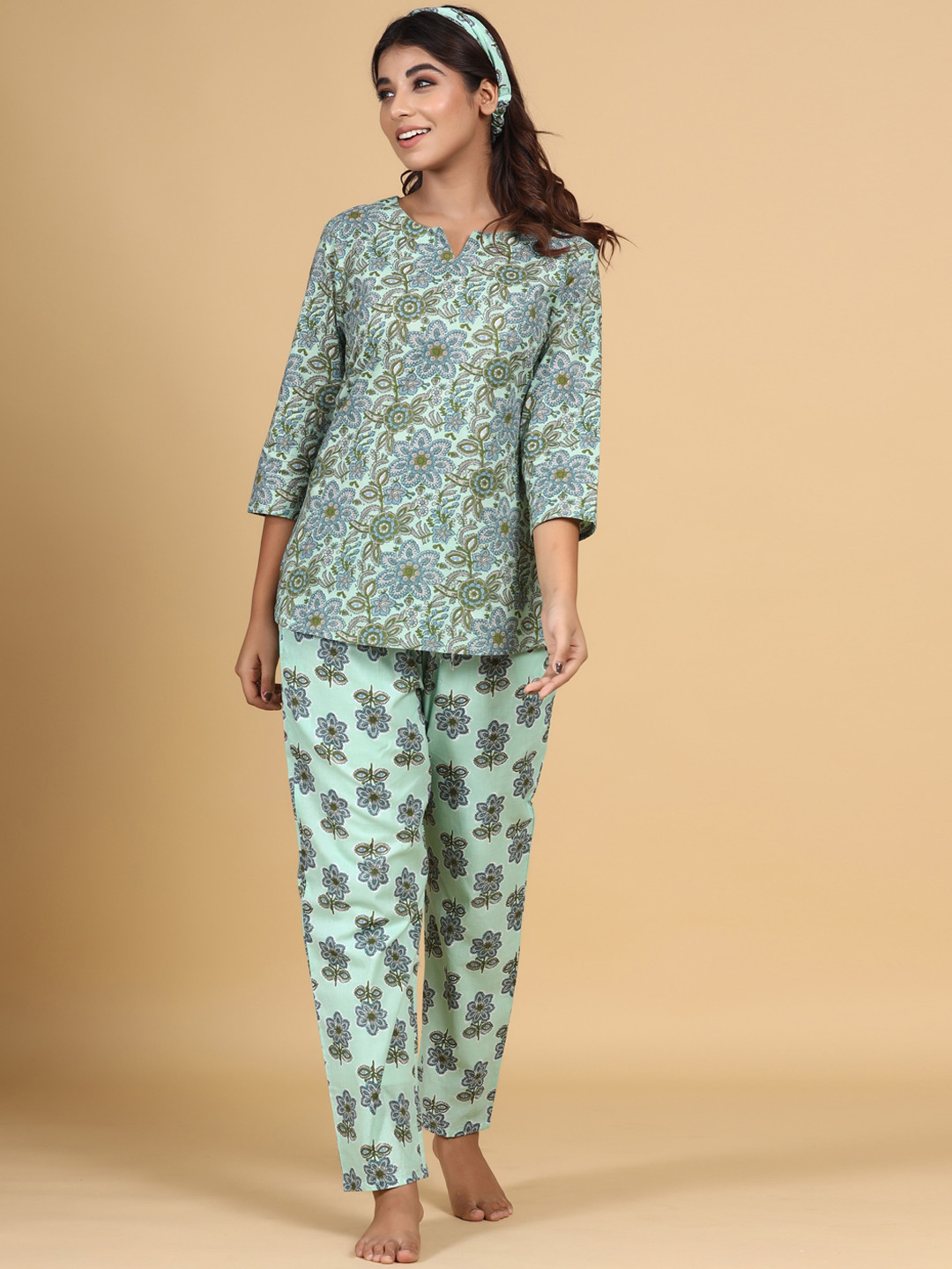 

mirari GREEN FLORAL PRINTED COTTON NIGHTSUIT, Turquoise blue