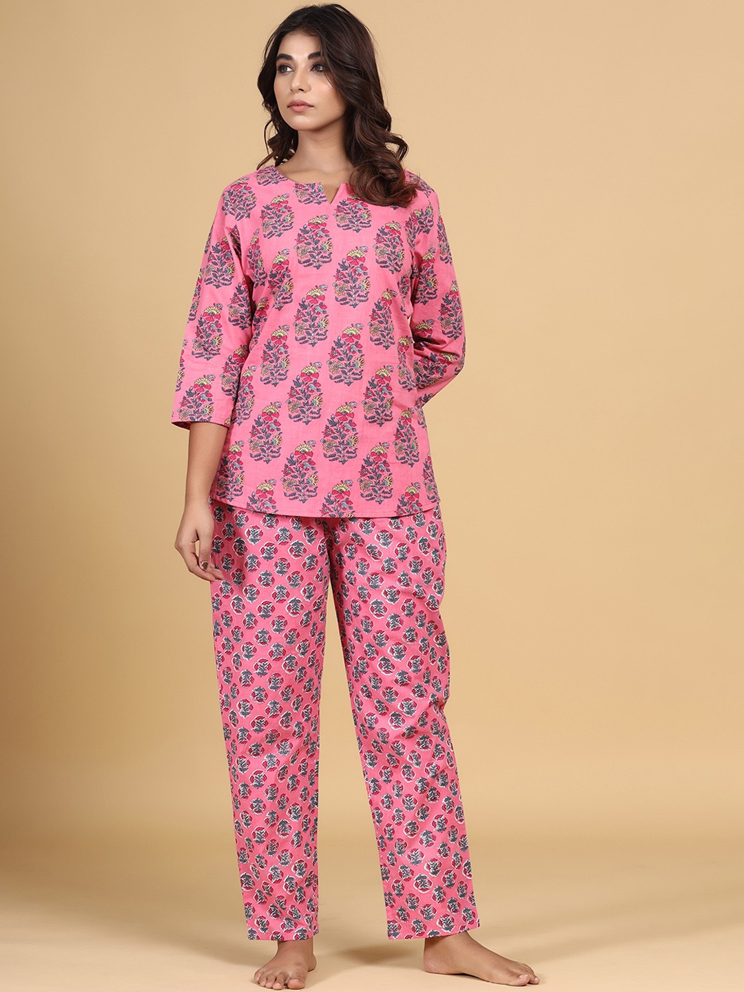 

mirari Women Pink & Yellow Printed Pure Cotton Night suit MI01-KPS-262A.-XS