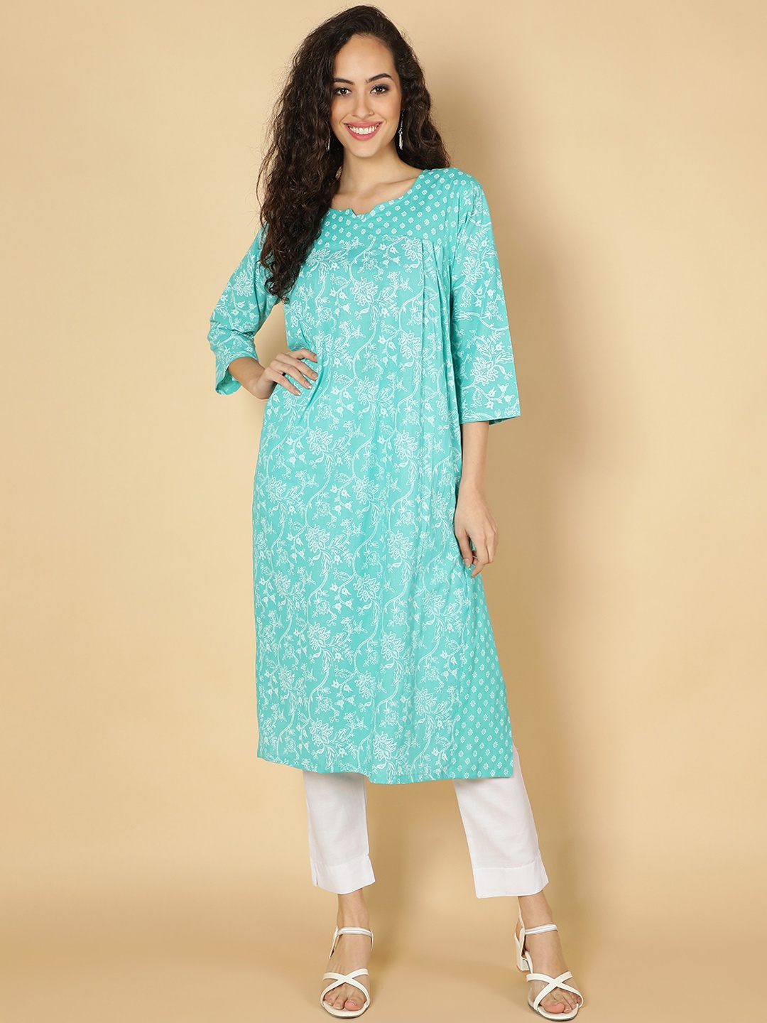 

Fabclub Women Blue Ethnic Motifs Yoke Design Pleated Pure Cotton Kurta with Trousers