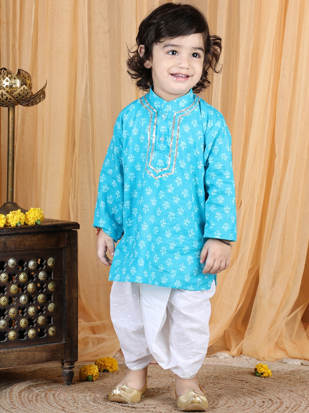 

kidcetra Boys Turquoise Blue Floral Printed Gotta Patti Pure Cotton Kurta with Dhoti Pants