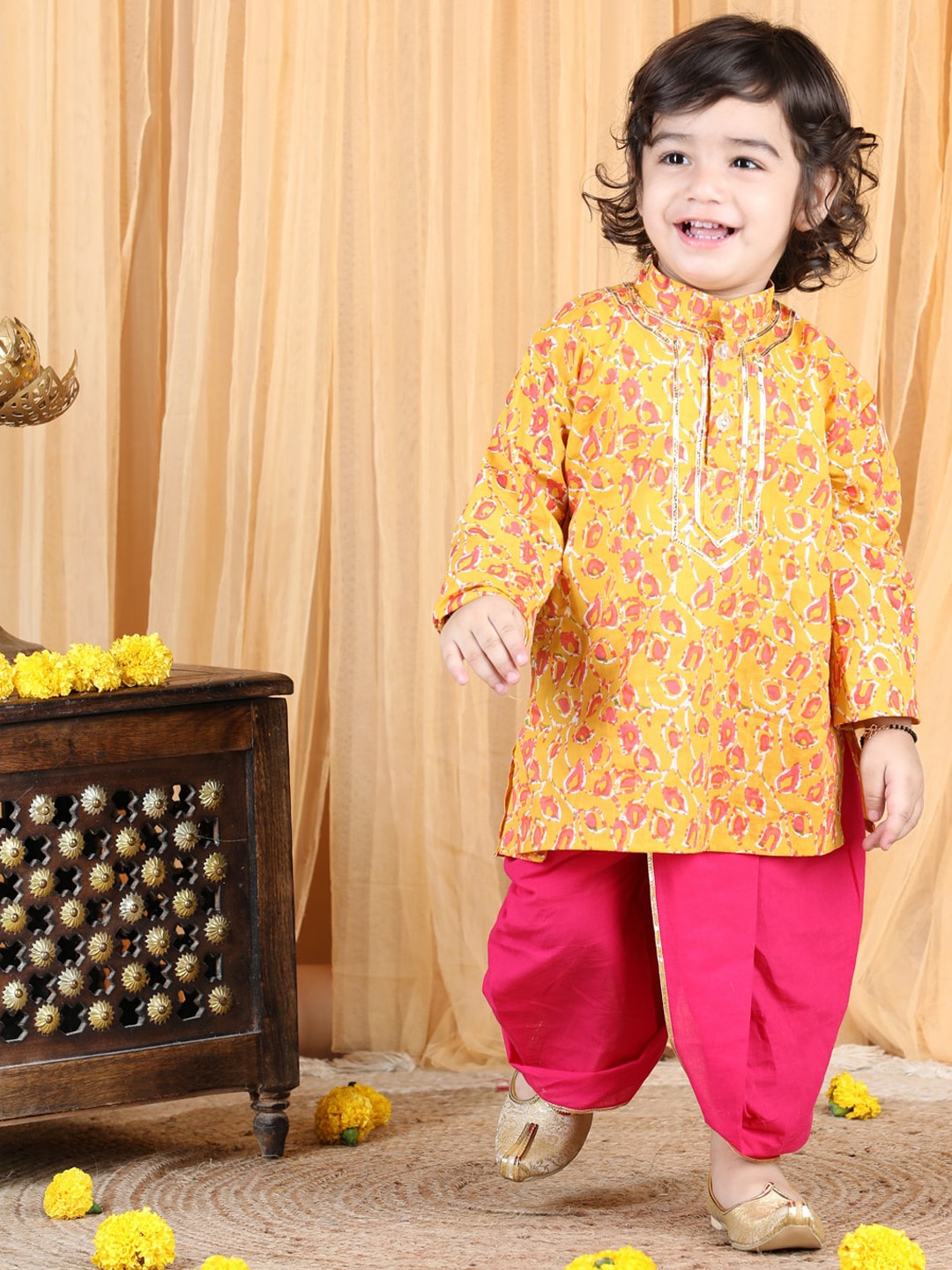

kidcetra Boys Yellow Floral Printed Pure Cotton Kurta with Dhoti Pants