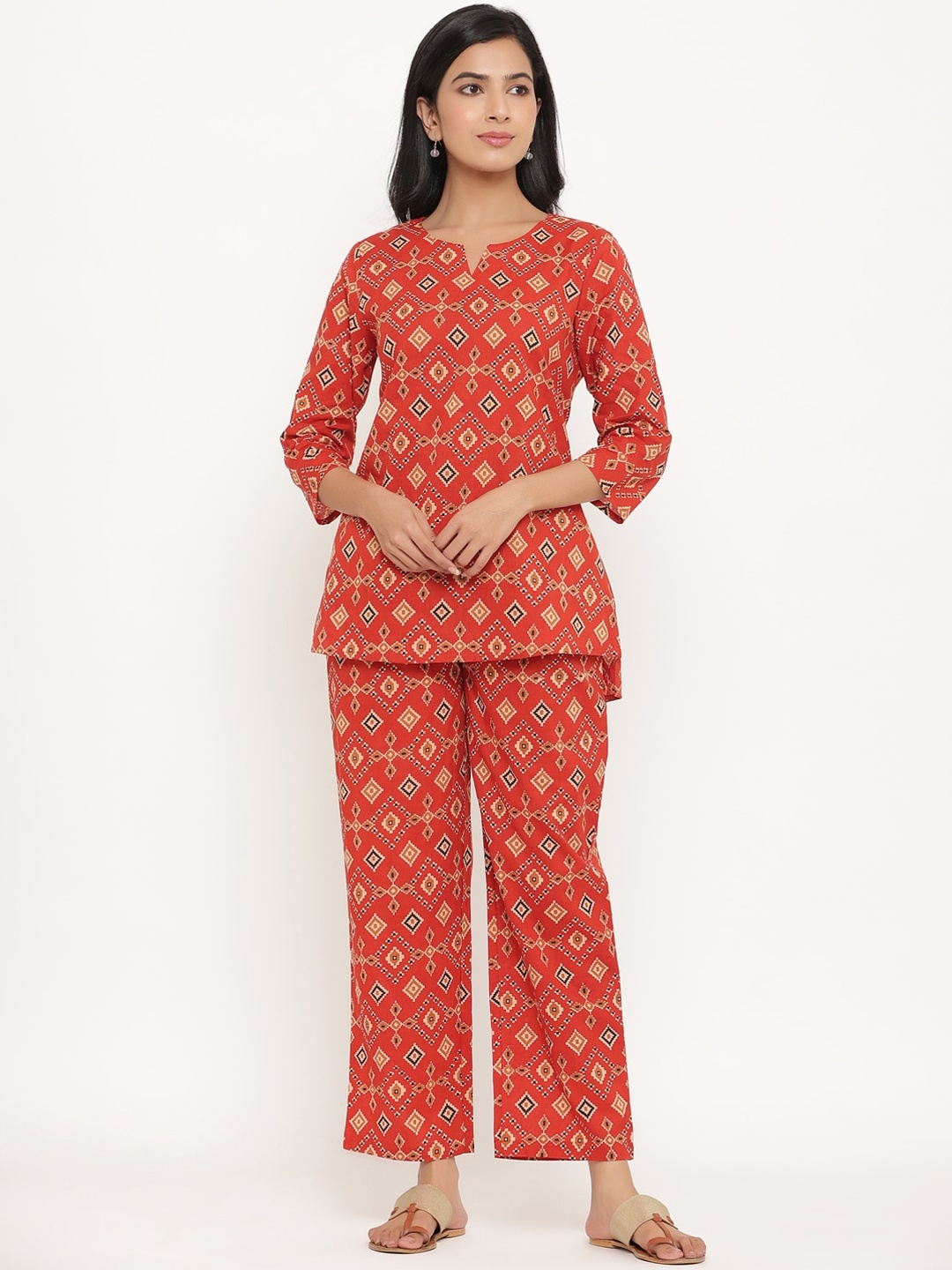 

mirari Women Ikkat Printed Cotton Nightsuit, Orange