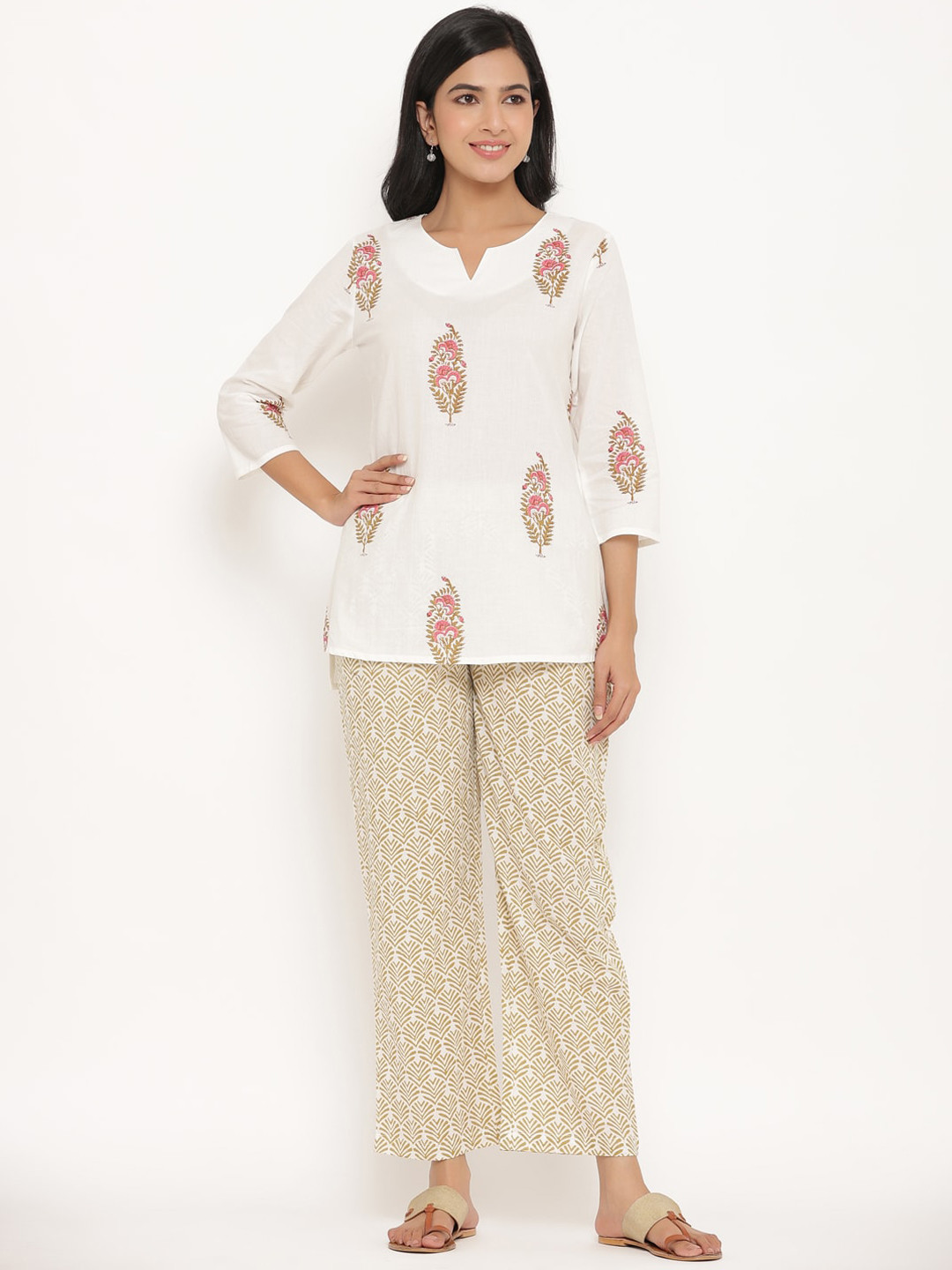 

mirari Women White & Khaki Printed Pure Cotton Night suit