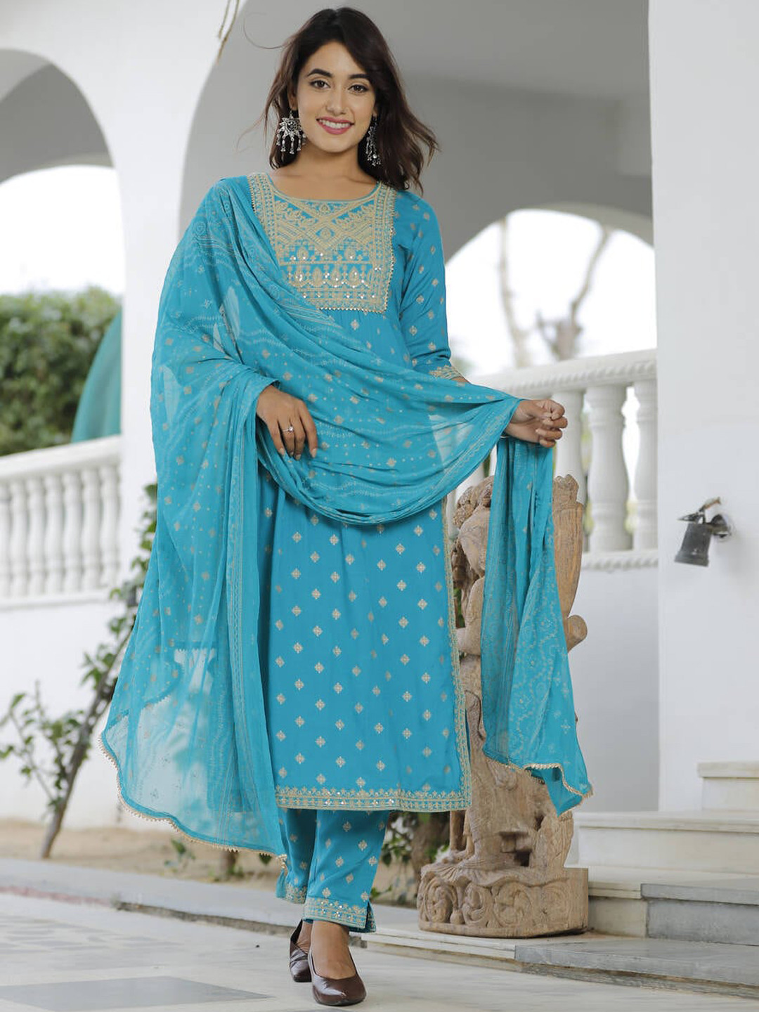 

Juniper Women Blue Ethnic Motifs Embroidered Empire Sequinned Kurta with Trousers & With Dupatta