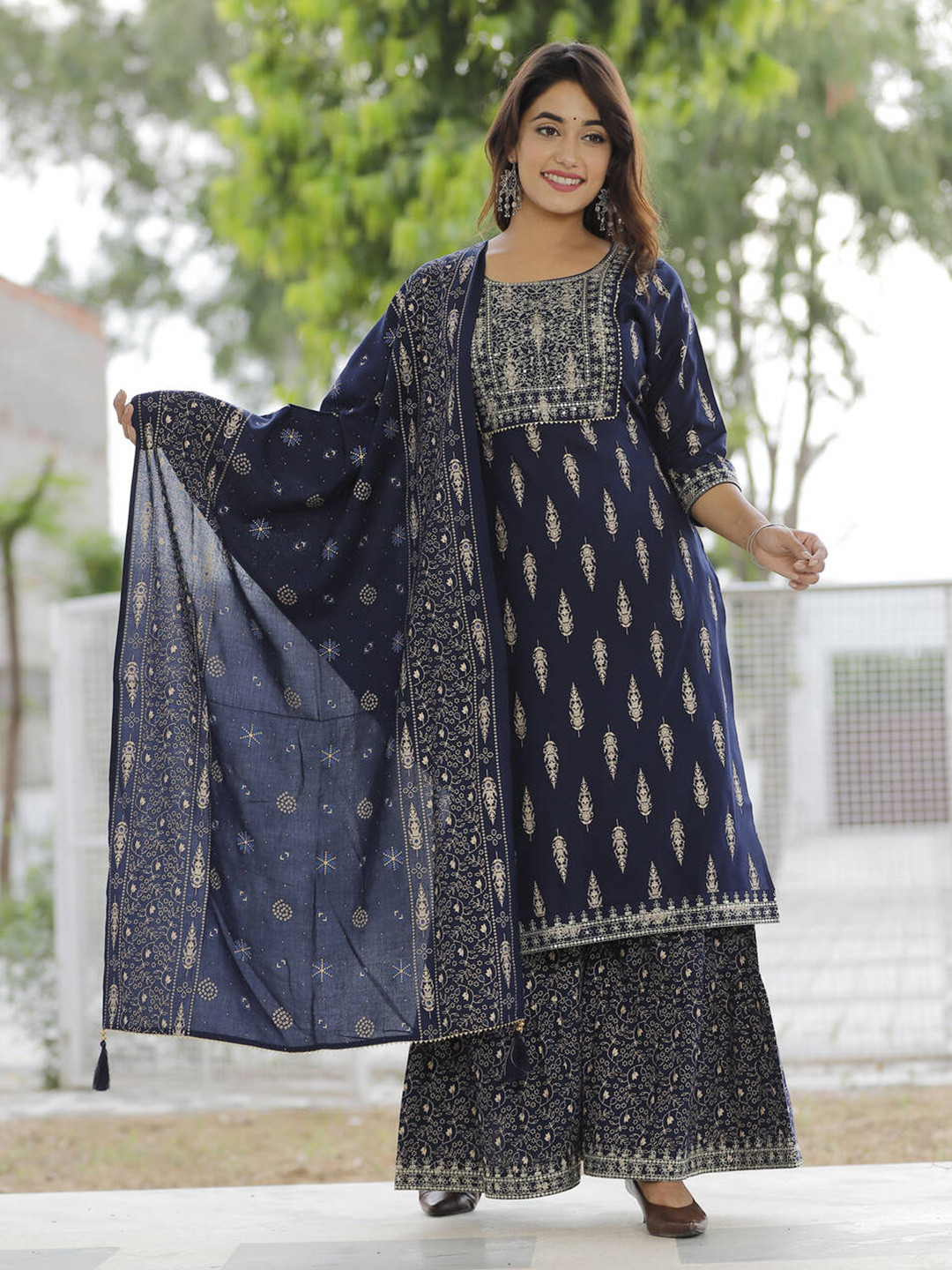 

Juniper Women Navy Blue Floral Printed Kurta with Sharara & With Dupatta