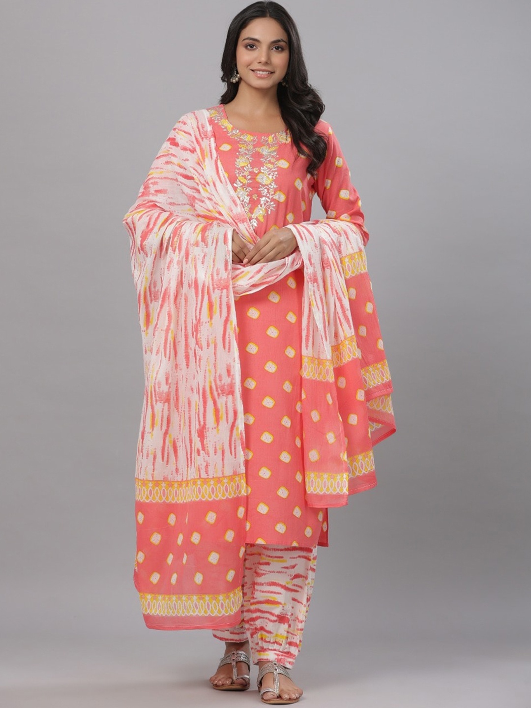 

Juniper Women Orange Floral Printed Sequined Kurta With Pyjama And Dupatta
