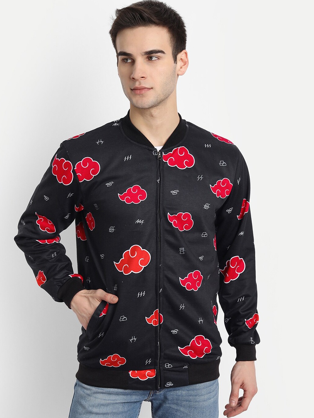 

COMICSENSE Men Black Anime Printed Naruto Akatsuki Cloud Bomber Jacket