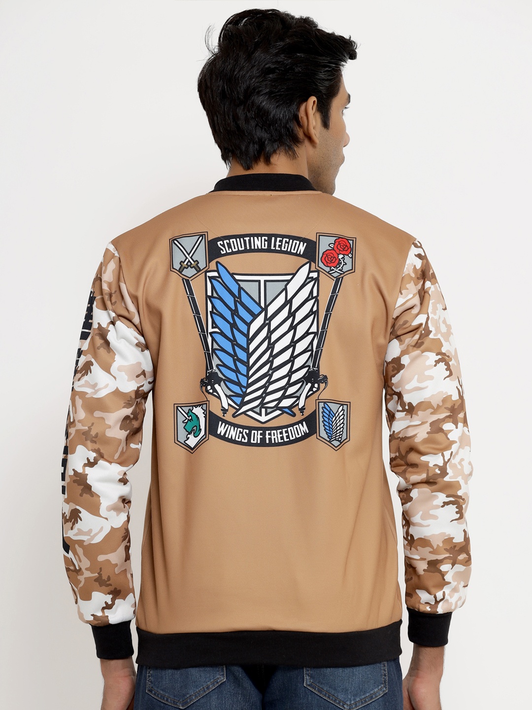 

COMICSENSE Men Anime Printed Attack on Titan Bomber Jacket, Brown