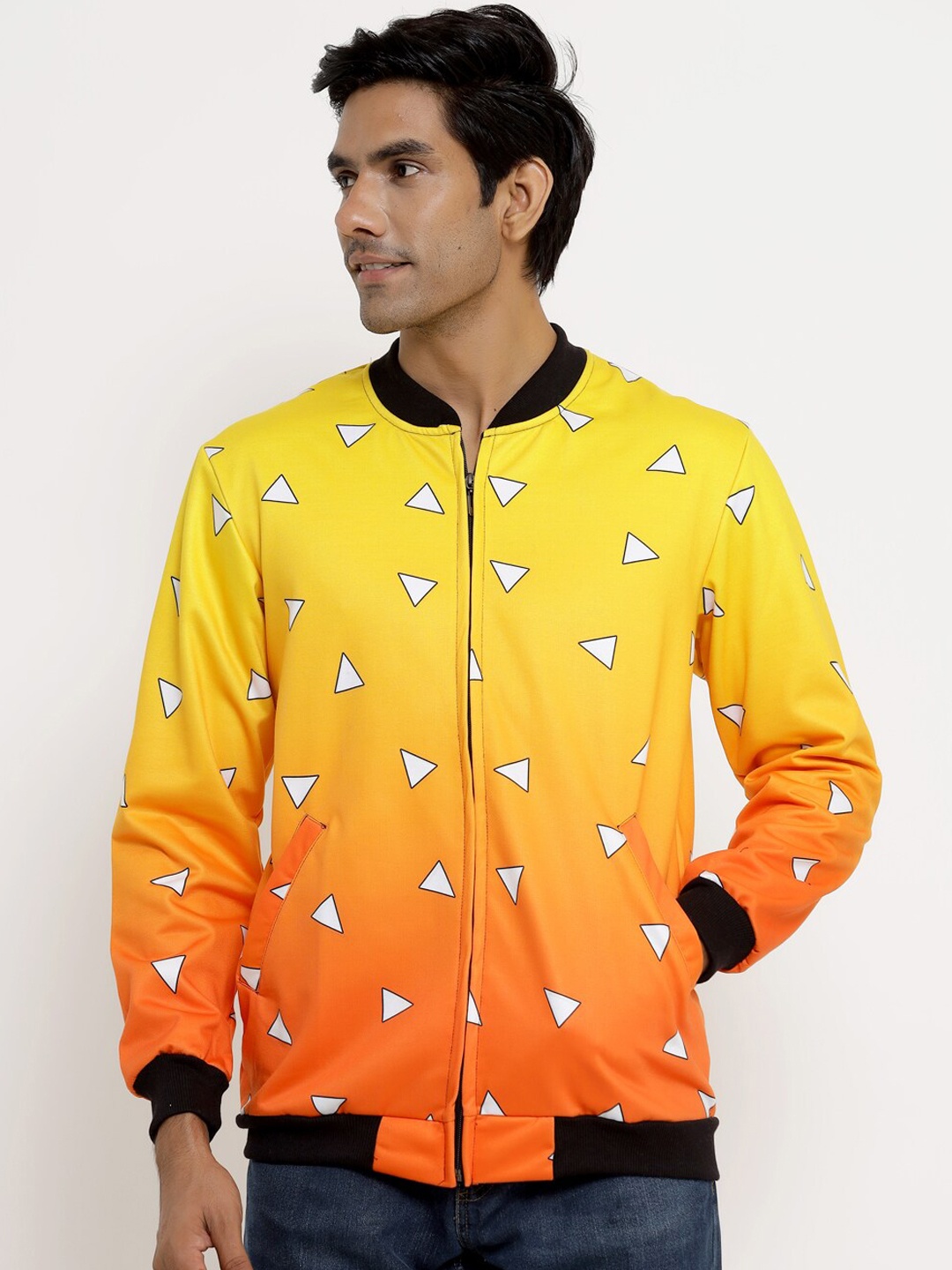 

COMICSENSE Men Yellow Anime Printed Demon Slayer Zenitsu Bomber Jacket