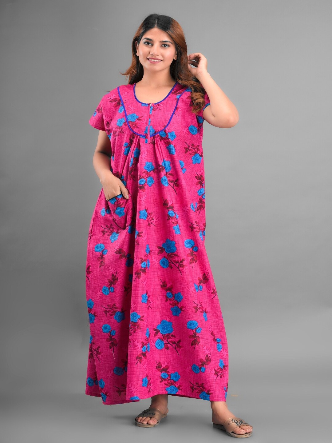 

Apratim Women Pink Printed Maxi Nightdress