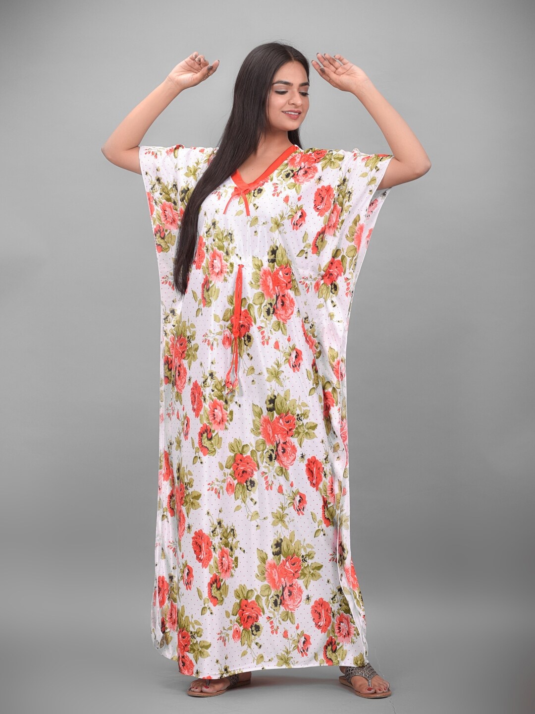 

Apratim White Floral Printed Maxi Kaftan Nightdress
