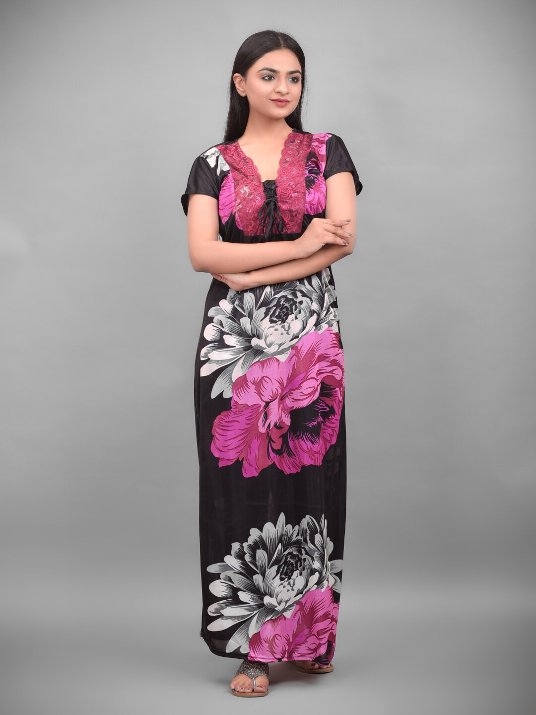 

Apratim Women Black Floral Printed Satin Maxi Nightdress
