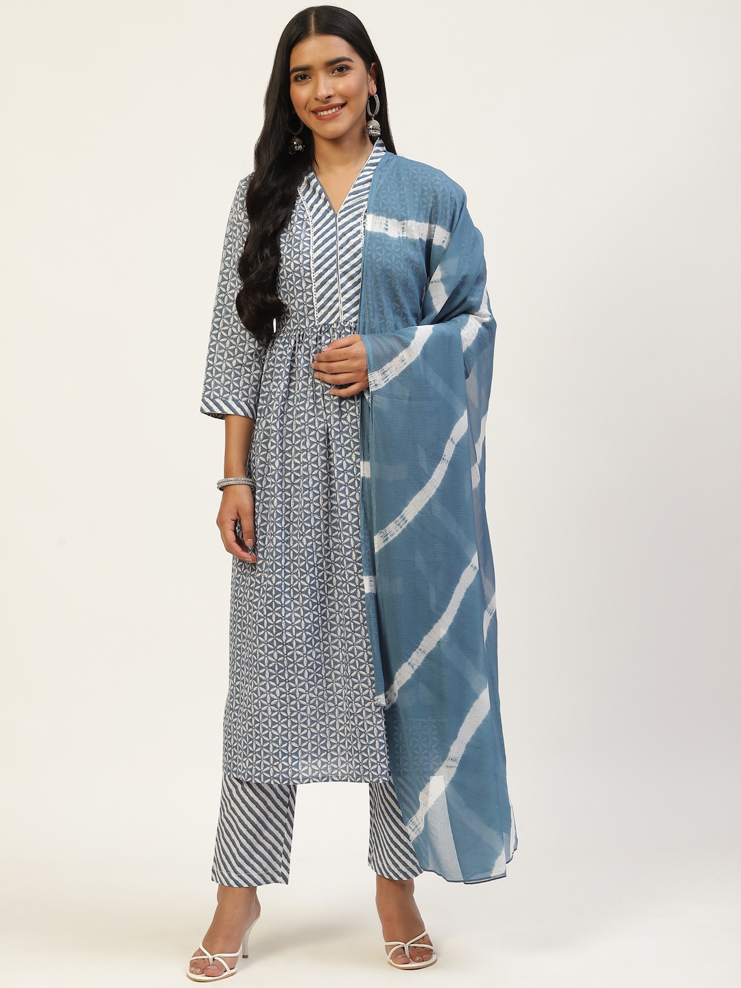 

RangDeep Women Blue Printed Empire Kurta with Trousers & With Dupatta