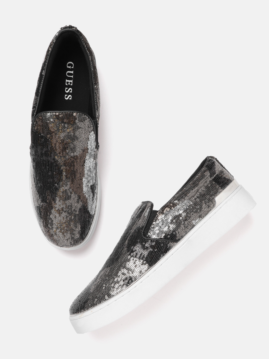 

GUESS Women Black & Silver-Toned Sequined Slip-On Sneakers