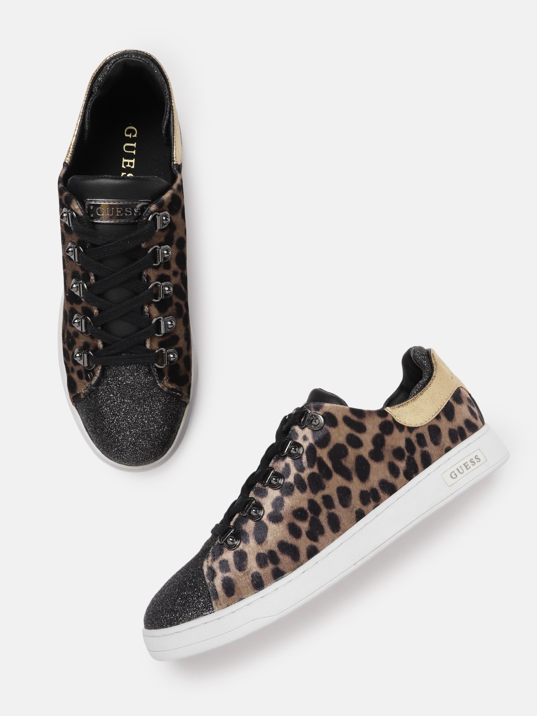 

GUESS Women Black & Brown Animal Print Sneakers