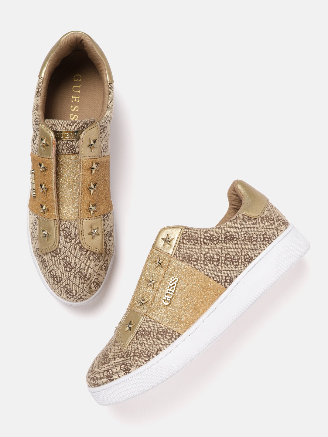 

GUESS Women Beige Woven Design PU Slip-On Sneakers