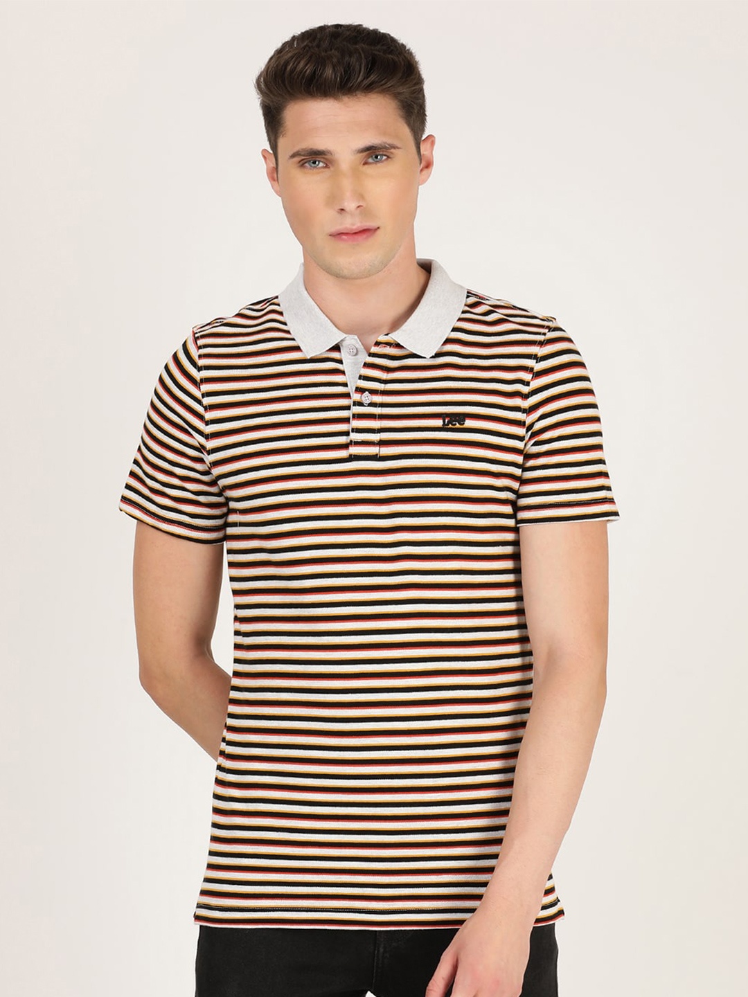 

Lee Men Grey Striped Polo Collar Applique Slim Fit T-shirt