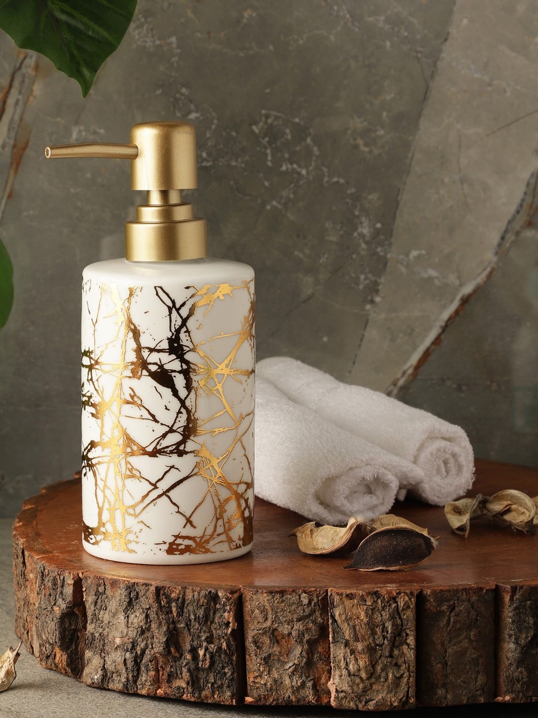 

The Decor Mart White & Gold-Toned Printed Ceramic Soap Dispenser