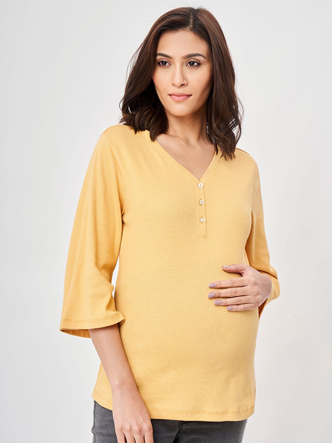 

Ed-a-Mamma Women Mustard Yellow Henley Neck T-shirt