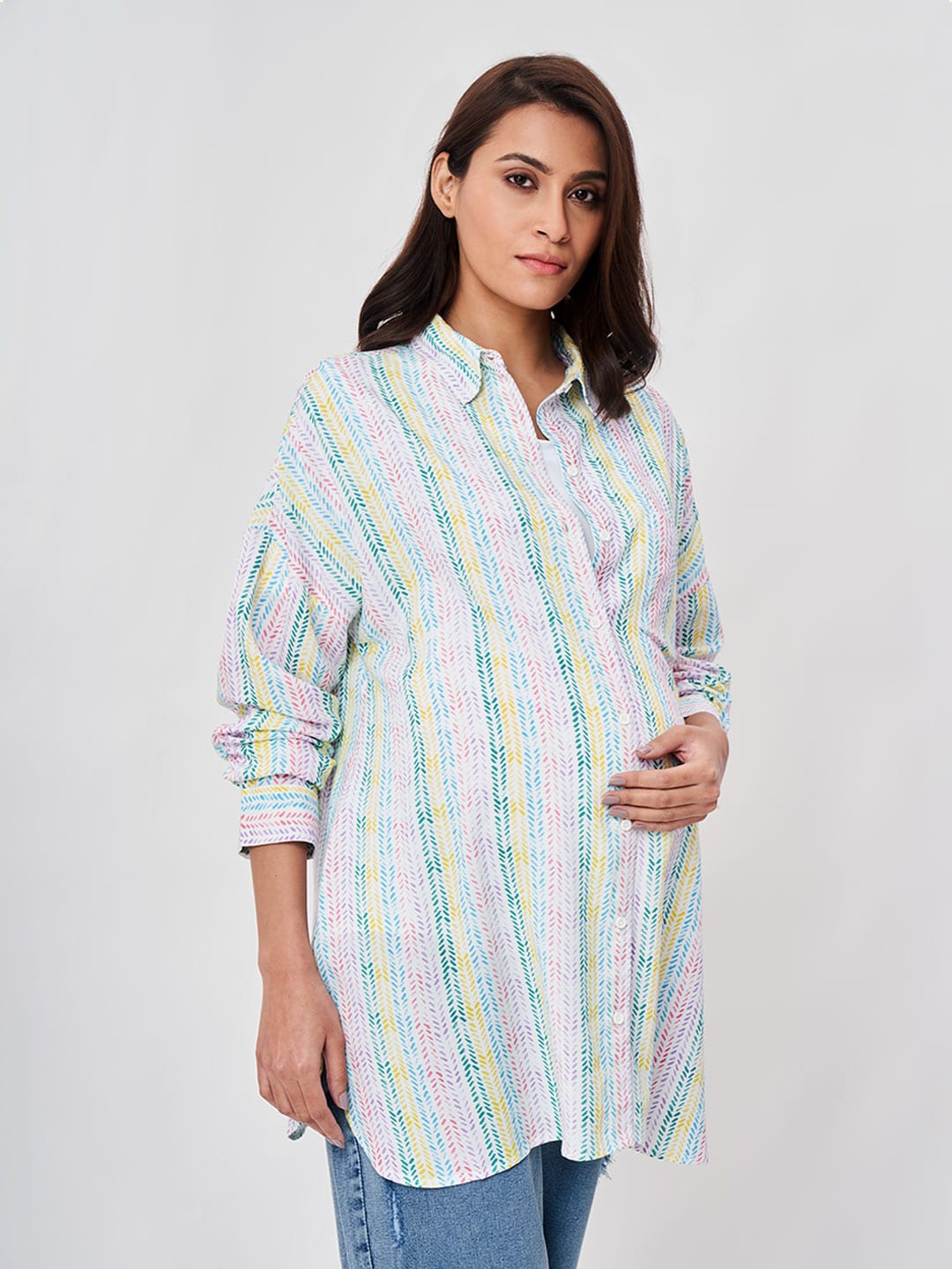 

Ed-a-Mamma Women Multicoloured Multi Stripes Striped Maternity Shirt