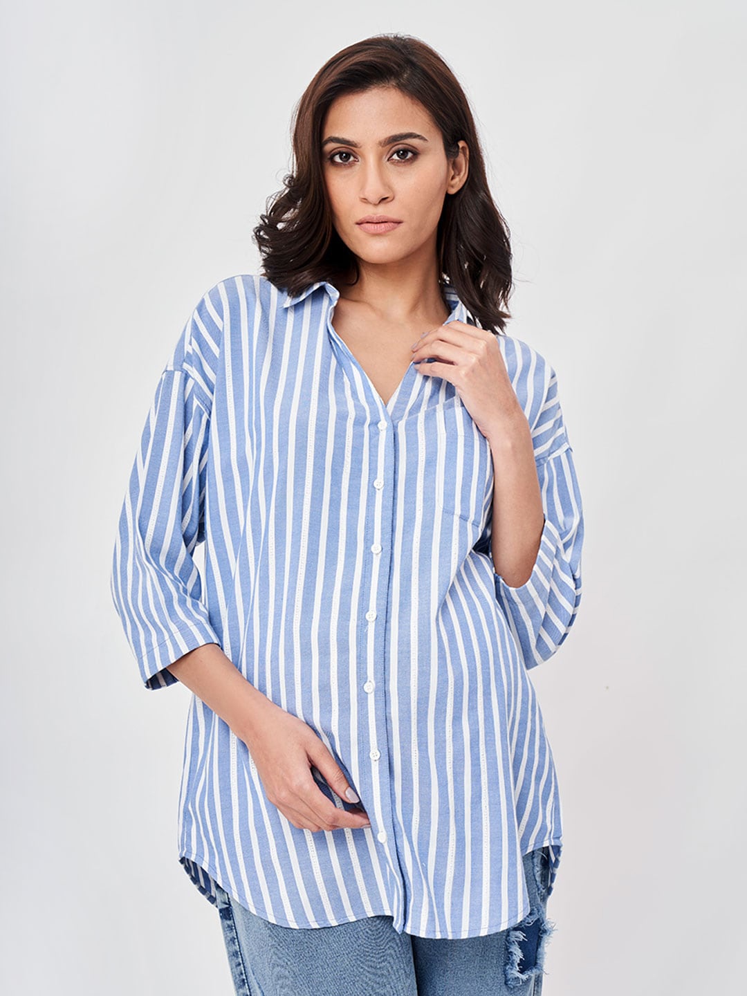 

Ed-a-Mamma Women Blue Striped Maternity Shirt