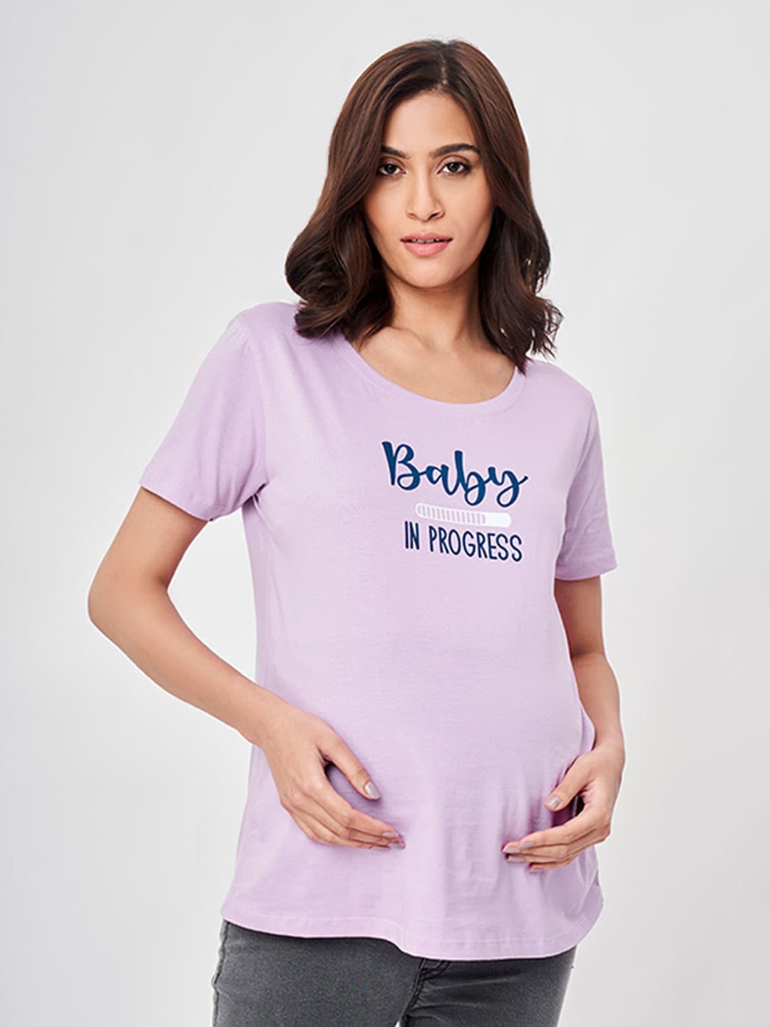 

Ed-a-Mamma Women Lavender Typography Printed Applique T-shirt