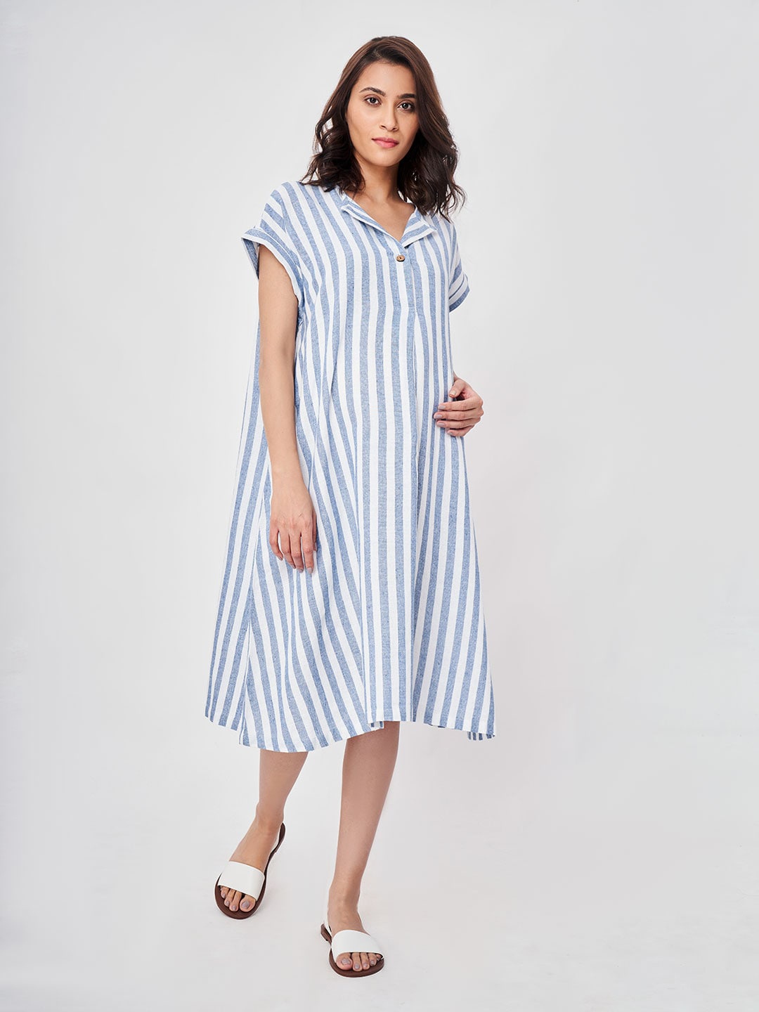 

Ed-a-Mamma Blue Striped Maternity Shirt Midi Dress
