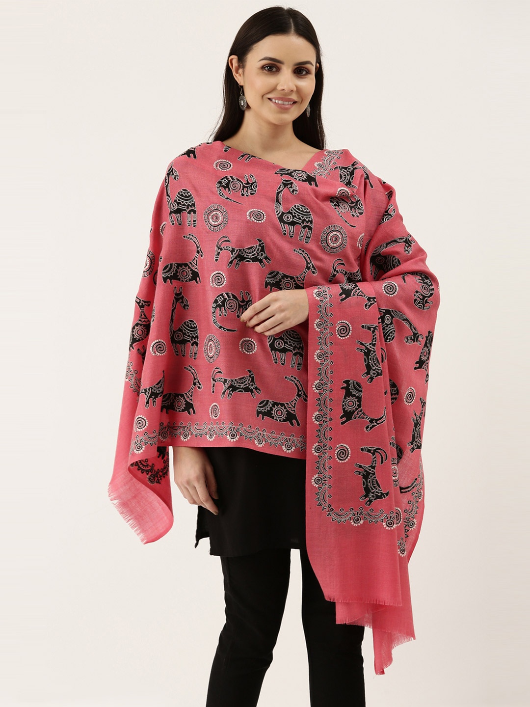 

Pashmoda Women Pink & Black Embroidered Woven-Design Pure Wool Shawl