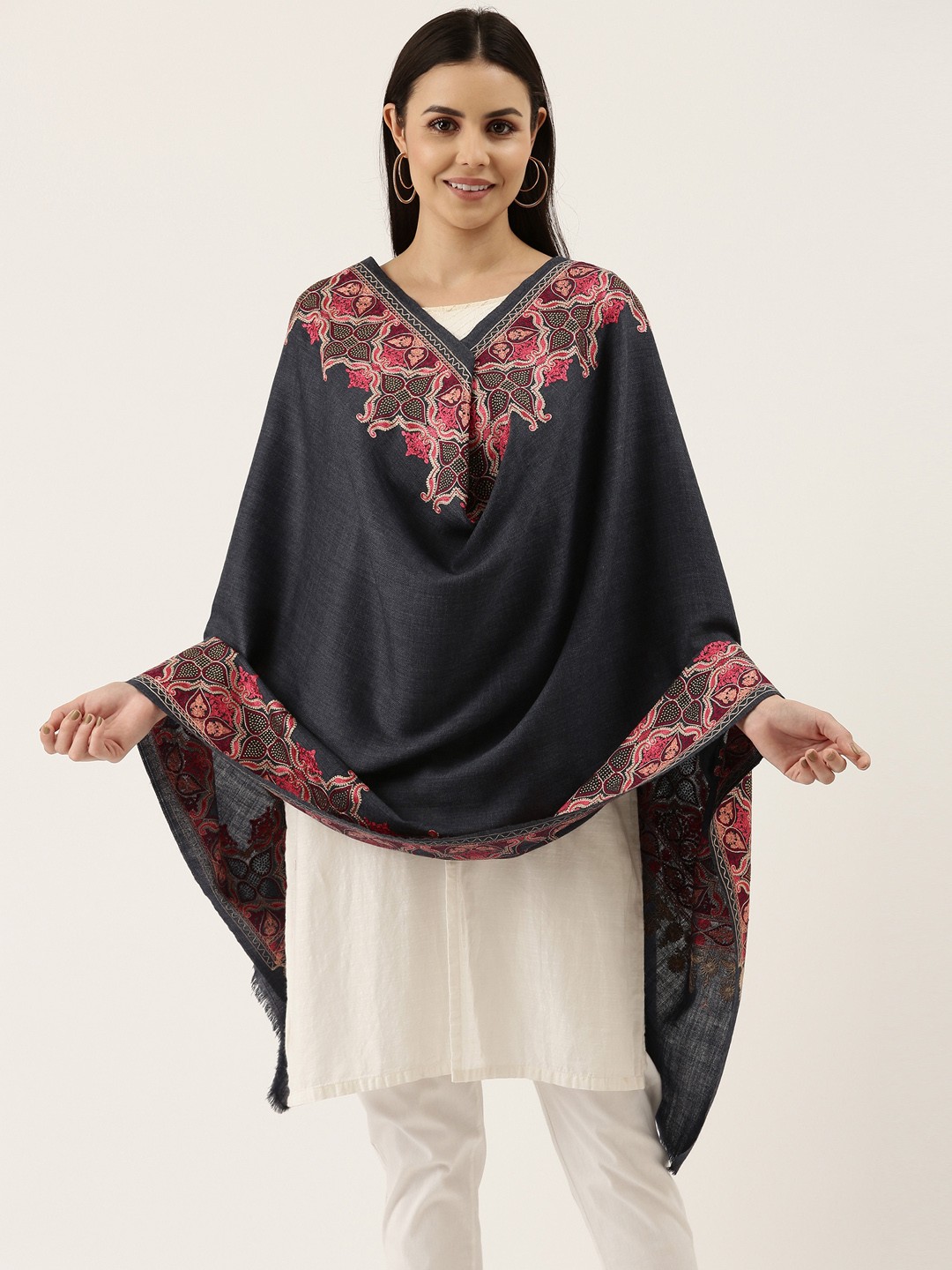 

Pashmoda Women Navy Blue & Pink Embroidered Woven Design Pure Wool Shawl